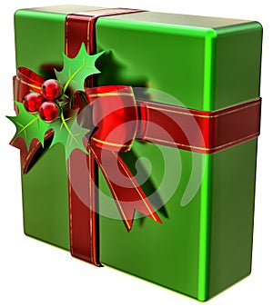 Christmas green gift with red ribbon and bow