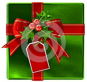 Christmas green gift with red ribbon and bow