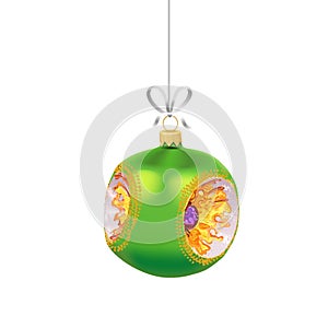 Christmas green glass ball with with gold ornaments and ribbon isolated on white background. Traditional New Year tree decoration