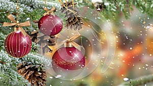 Christmas  green pine tree branch ,cone and red ball on  winter  festive snow flakes blurred  gold  confetti bakcground