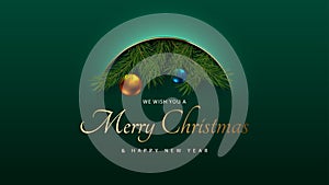 Christmas green premium abstract background with volume arc line, pine branches, Christmas balls. Luxury vector design holiday
