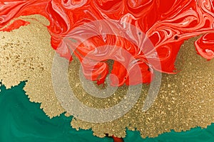 Christmas green, red and gold abstract paint background.