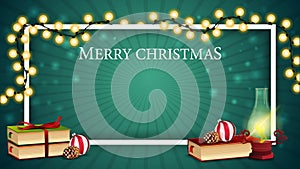 Christmas green template for postcard or discount banner with antique lamp, Christmas books, Christmas ball and cone