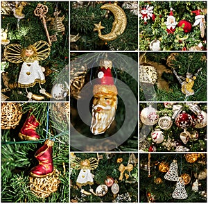 Christmas green tree details collage, New Year decorative elements