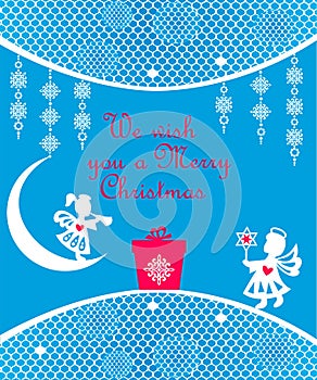 Christmas greeting blue card with craft white paper cutting tree, snowflakes and hanging angels