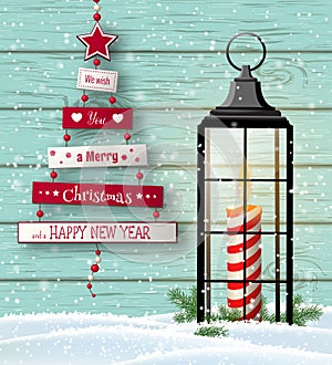 Christmas greeting card with abstract tree and lantern