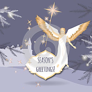 Christmas greeting card with angel and Bethlehem