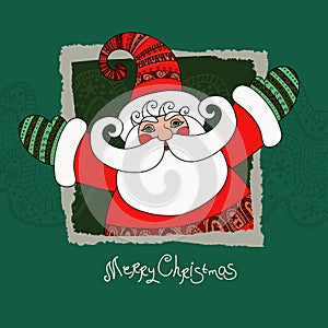 Christmas greeting card, background, poster with cute Santa claus on decorative background. Vector illustration