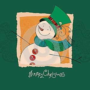 Christmas greeting card, background, poster with cute snowman on decorative background. Vector illustration.