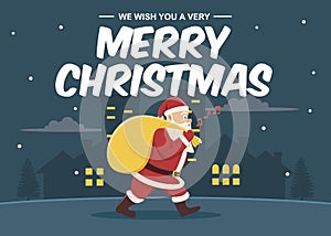 Christmas greeting card background with santa claus carrying his bag of gifs