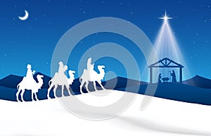 Blue Christmas greeting card banner background with Nativity Scene in the desert.