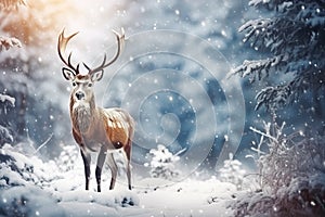 Christmas greeting card with beautiful deer in magical snowy forest