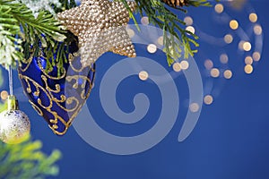 Christmas greeting card, blue holiday seasonal mockup background with winter decorations. Copy space