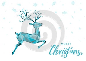 Christmas greeting card with blue reindeer and snowflakes.