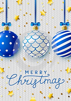 Christmas greeting card with blue Xmas balls