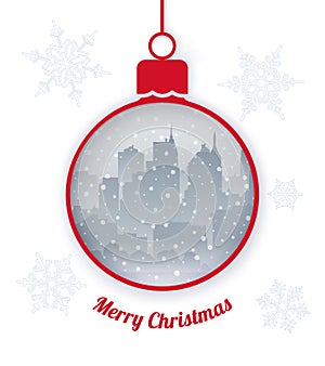 Christmas greeting card with bouble and city inside