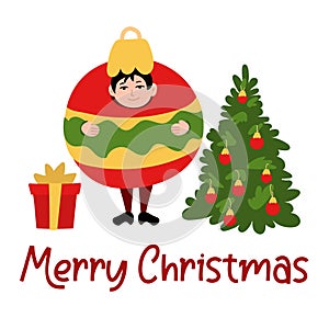 Christmas greeting card. A boy dressed as a round Christmas tree toy. Decorated Christmas tree with a gift and a