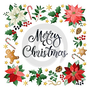Christmas greeting card with Calligraphic Season Wishes and Composition of Festive Elements such as Cookies, Candies, Berries,