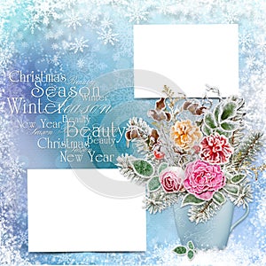 Christmas greeting card with cards, a bouquet of flowers and branches with hoarfrost