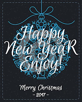Christmas greeting card with christmas ball consisting of christmas line icons