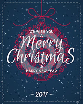 Christmas greeting card with christmas ball such as christmas line icons