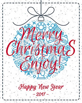 Christmas greeting card with christmas ball such as christmas line icons