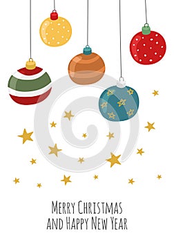 Christmas greeting card with christmas balls, golden stars, white background and text Merry Christmas and Happy New Year