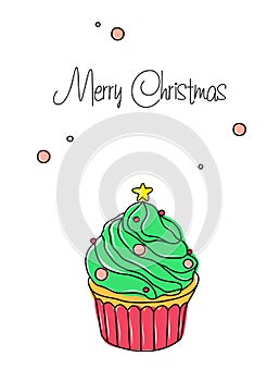 Christmas Greeting Card. Christmas cupcake with Christmas Tree.
