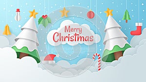 Christmas greeting card with christmas element. Paper art vector.