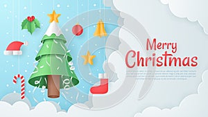 Christmas greeting card with christmas element. Paper art vector.