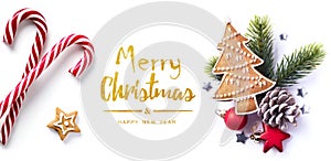 Christmas greeting card; Christmas element on white background; top view