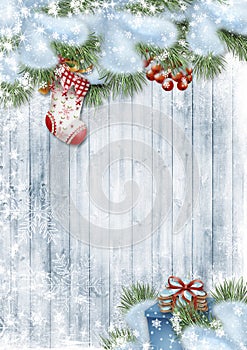 Christmas greeting card with christmas stockings, gingerbread and snowy branches