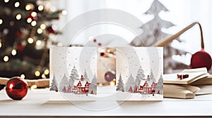 Christmas greeting card with christmas tree and decorations on white wooden table