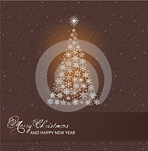 Christmas greeting card with christmas tree and snowflakes on brown background. Design template with winter holidays