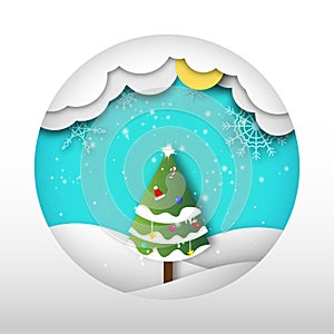 Christmas greeting card, circular frame papercut style invitation, celebration seasonal holiday vector illustration