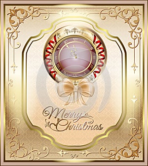 Christmas greeting card with clock, garlands, bow and ornament on a beautiful gold background