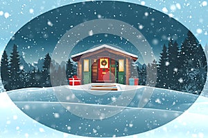 a christmas greeting card cold snow holiday cabin seasons greetings country winter eve night holidays isolated freezing snowfall