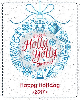 Christmas greeting card color style with christmas ball consisting of christmas line icons