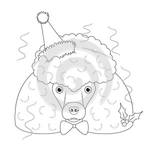 Christmas greeting card for coloring. Poodle dog wearing a party hat
