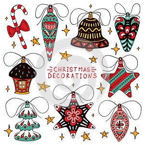 Christmas greeting card with Composition of Festive Elements such as candy cane, star, christmas tree, bow, ribbon