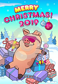 Christmas greeting card with cool pig in glasses