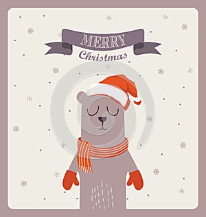 Christmas greeting card. cute bear with scarf