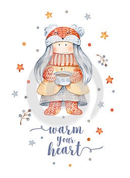 Christmas Greeting Card with Cute cartoon character - little girl with knitted scarf and foxy hat, cup of tea.