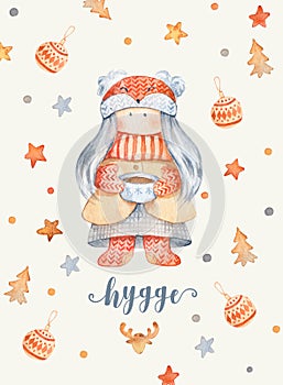 Christmas Greeting Card with Cute cartoon character - little girl with knitted scarf and foxy hat, cup of tea.