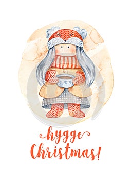 Christmas Greeting Card with Cute cartoon character - little girl with knitted scarf and foxy hat, cup of tea.