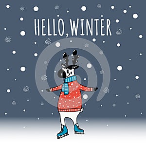 Christmas greeting card with a cute deer character in a red sweater. Hello winter message vector illustration and background with