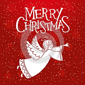 Christmas greeting card with cute flying angel and flute