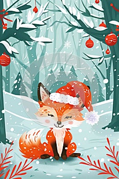 Christmas greeting card with cute fox in the forest.