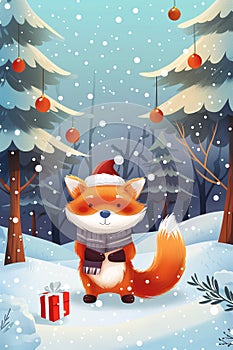 Christmas greeting card with cute fox in winter forest.