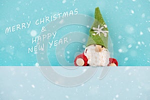 Christmas greeting card, cute gnome, empty copy space for text, winter season